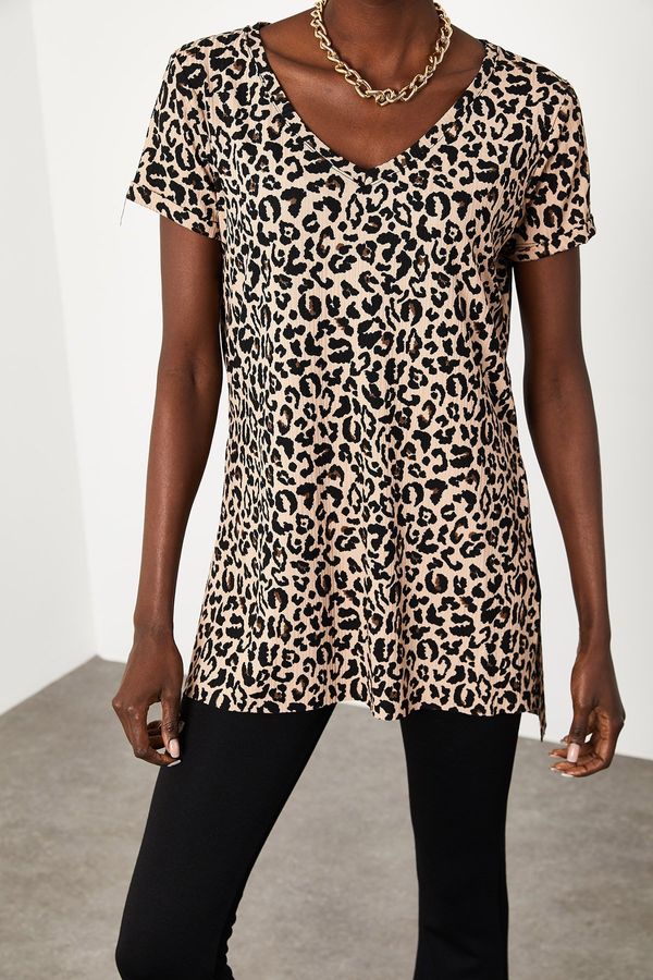 XHAN XHAN Women's Leopard Leopard Pattern Slit T-Shirt