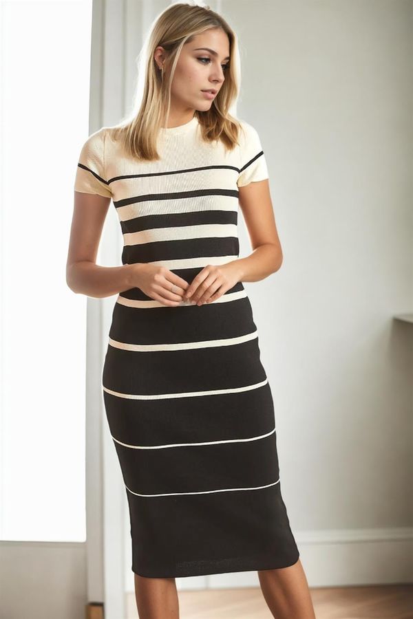 dewberry Z5075 Dewberry Womens Striped Knitwear Dress-BLACK-WHITE