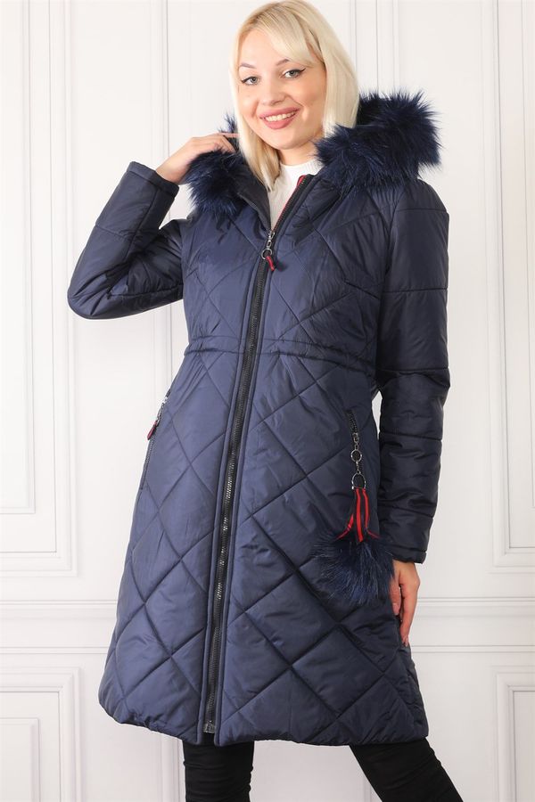 dewberry Z6646 DEWBERRYN FUR POMPOM LADIES' COAT-NAVY BLUE