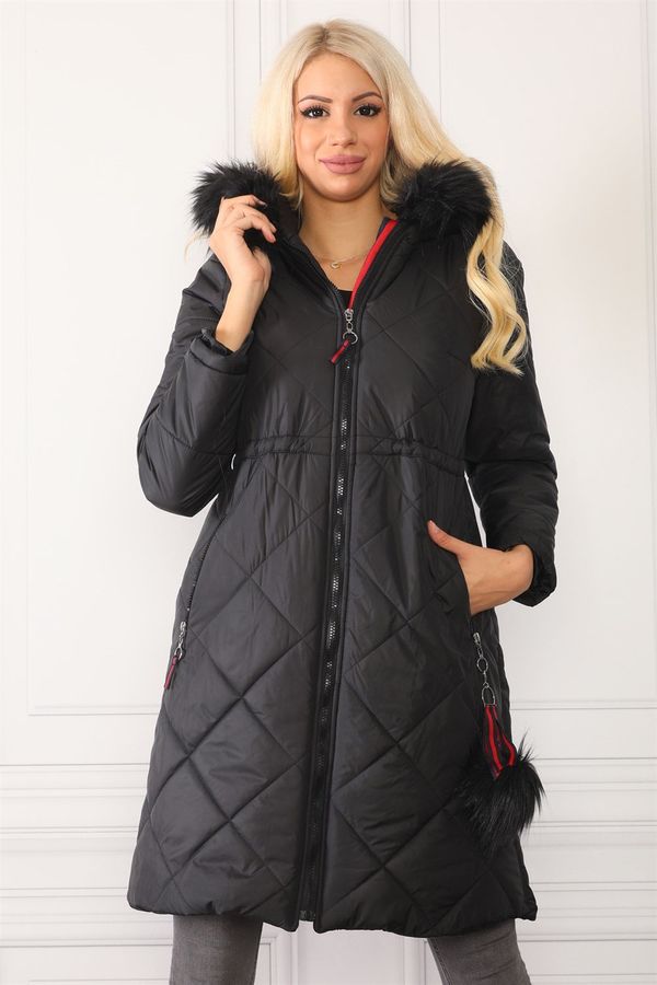 dewberry Z6646 DEWBERRYN WOMEN'S COAT WITH FUR POMPOMS-BLACK