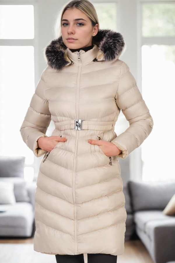 dewberry Z6690 DEWBERRY FUR HOODED LADIES' COAT-BEIGE-1