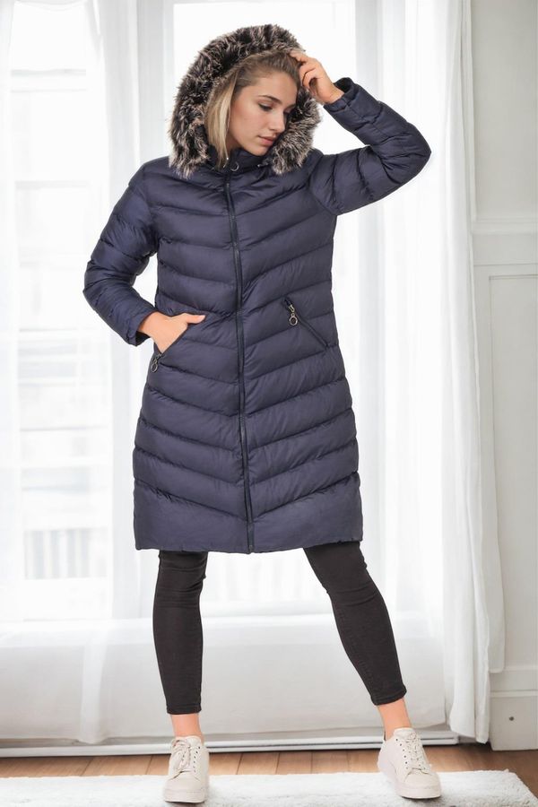 dewberry Z6690 DEWBERRY FUR HOODED WOMEN'S COAT-NAVY-1