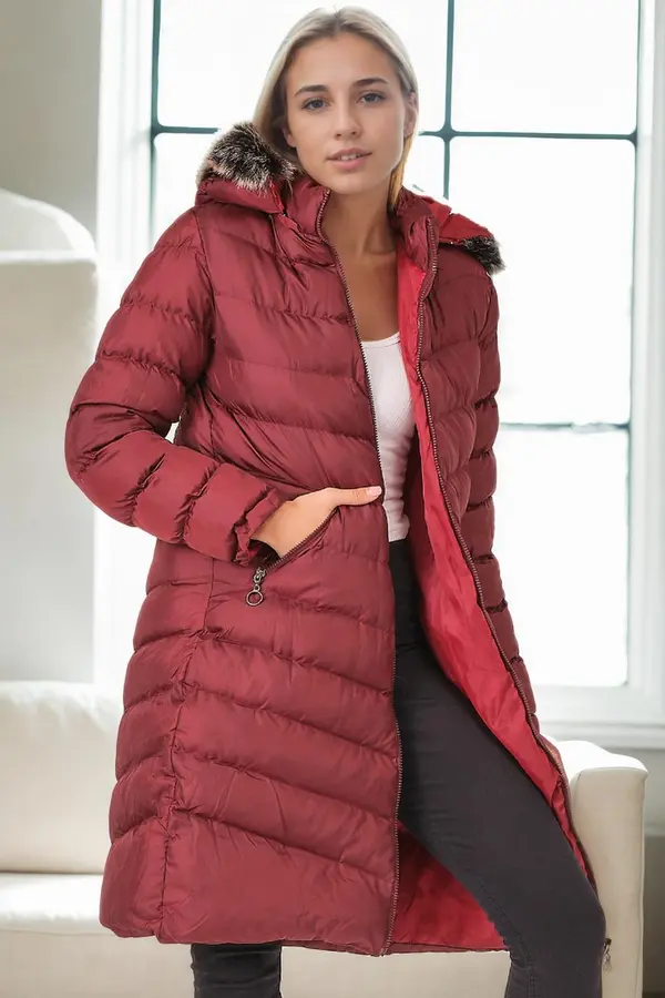 dewberry Z9690 DEWBERRY SHEARLING HOODED WOMEN'S COAT-BURGUNDY