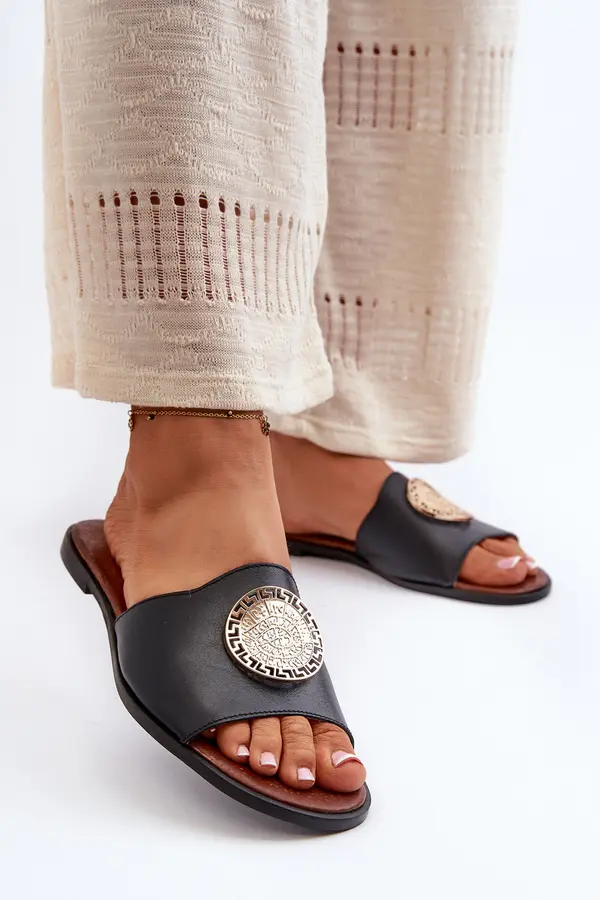 Zazoo Zazoo 2938 Leather Flat Sandals With Ornament Black