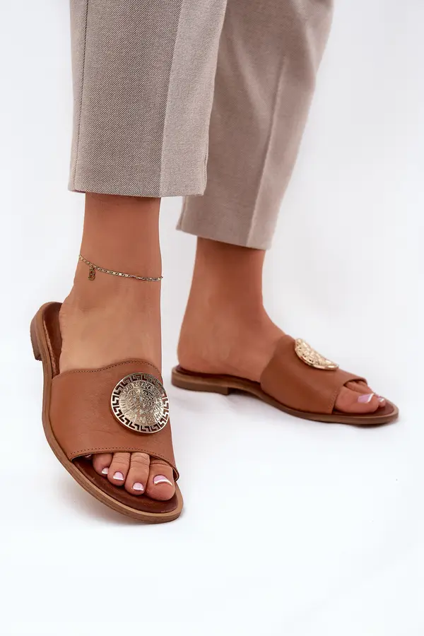 Zazoo Zazoo 2938 Leather Slippers With Flat Heel And Decoration Camel