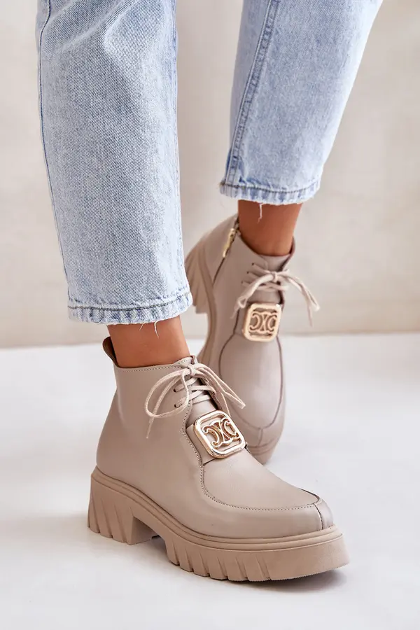 Zazoo Zazoo 2952 Leather Ankle Boots With Golden Decoration Beige