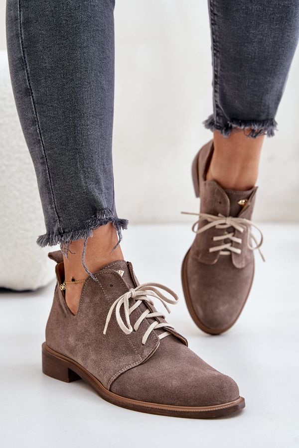 Zazoo Zazoo 2959 Suede Oxfords Lace-Up Flat Heels Dark Beige