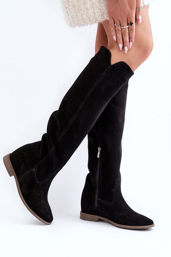 Zazoo Zazoo 3407 Suede Knee-High Boots with Flat Heel Black