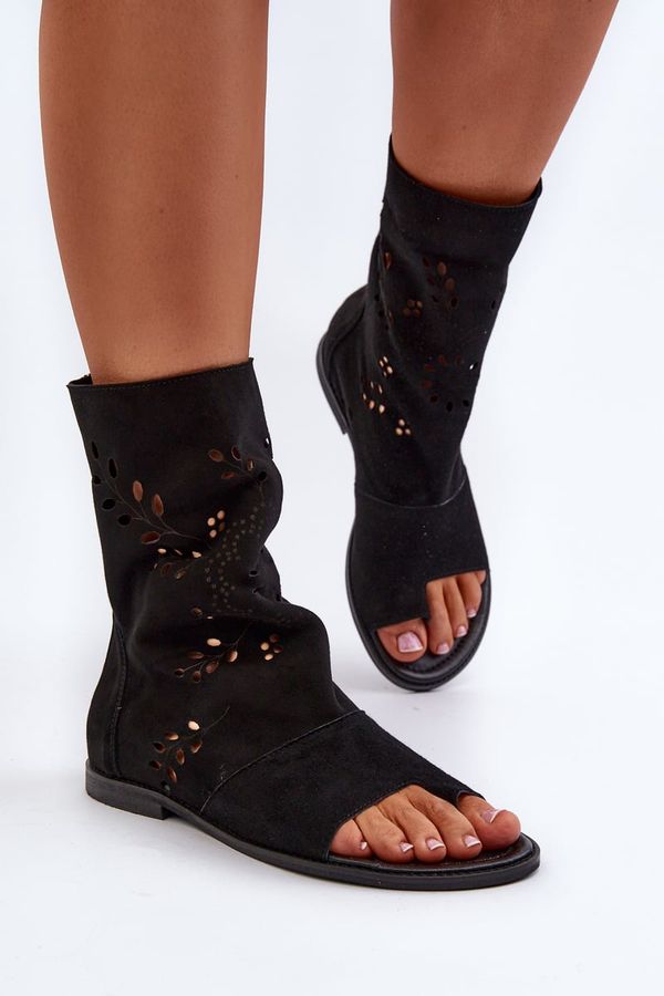 Lewski Shoes Zazoo 3437 Women's Suede Sandals With Zippered Shaft Black