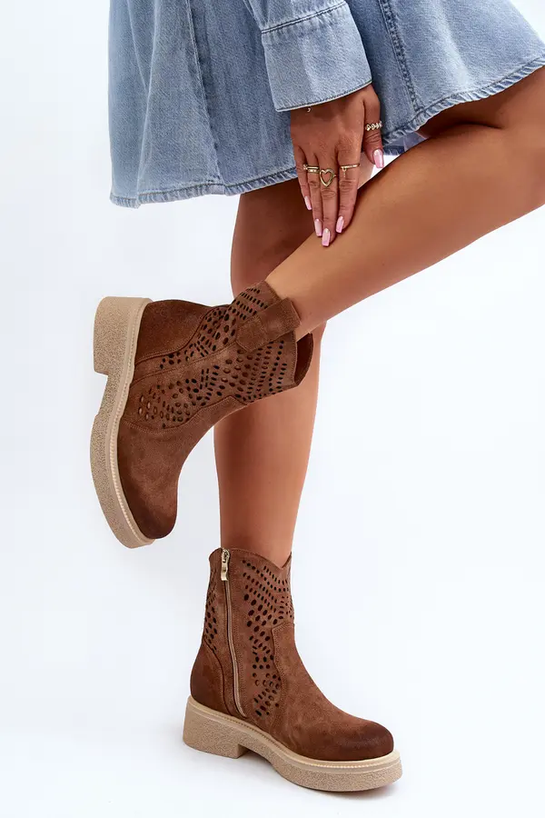 Zazoo Zazoo 3470 Suede Women's Flat Heel Lace-Up Boots Brown