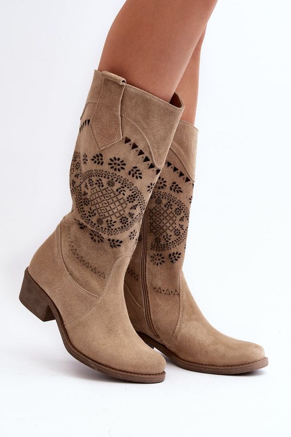 Zazoo Zazoo 4043 Suede Boots with Low Heel Beige Openwork