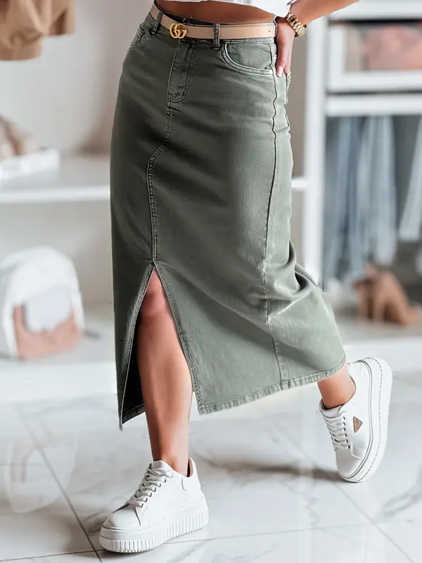 DStreet Zeleno jeans midi krilo z razporkom