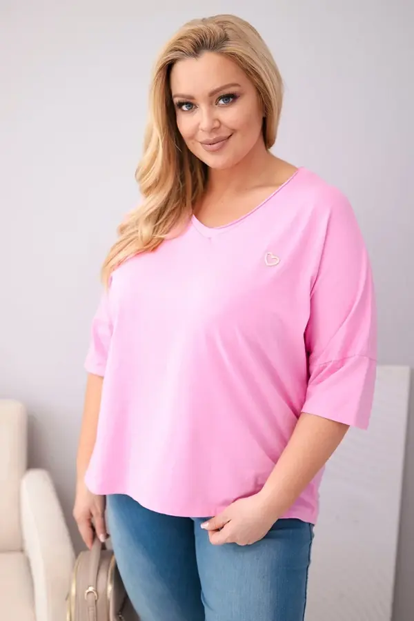 Kesi Włoski Ženska bluza Kesi oversize plus size z V-izrezom, svetlo roza