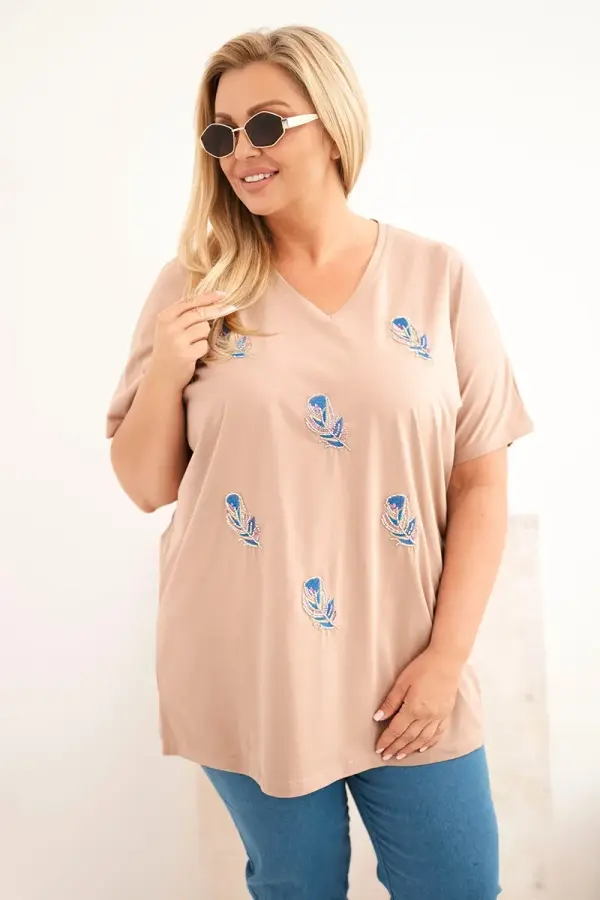 Kesi Ženska bluza Kesi Plus Size s perjem v kamel barvi