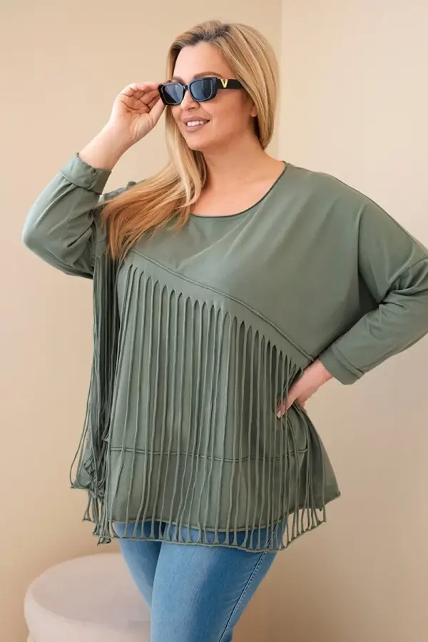 Kesi Włoski Ženska bluza plus size z resicami kaki
