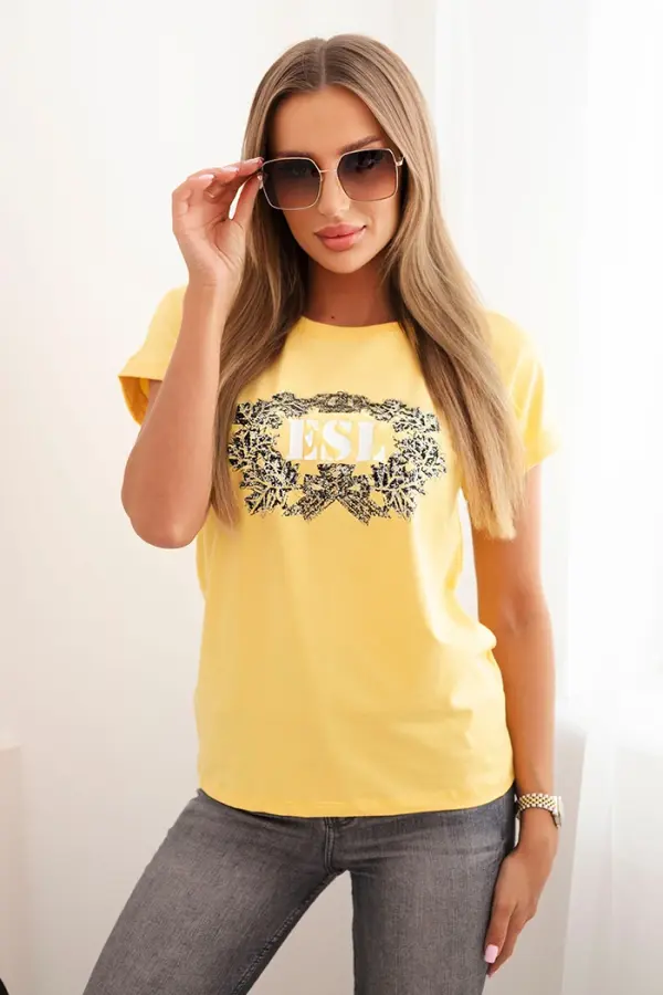 Kesi Ženska bombažna bluza Kesi z rumenim potiskom