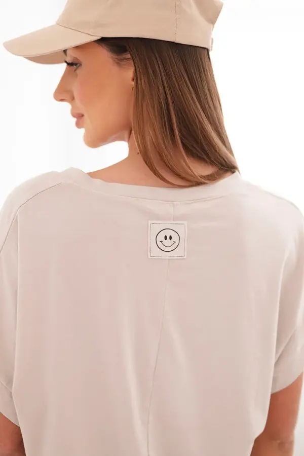 Kesi Włoski Ženska bombažna bluza z V-izrezom, bež barve