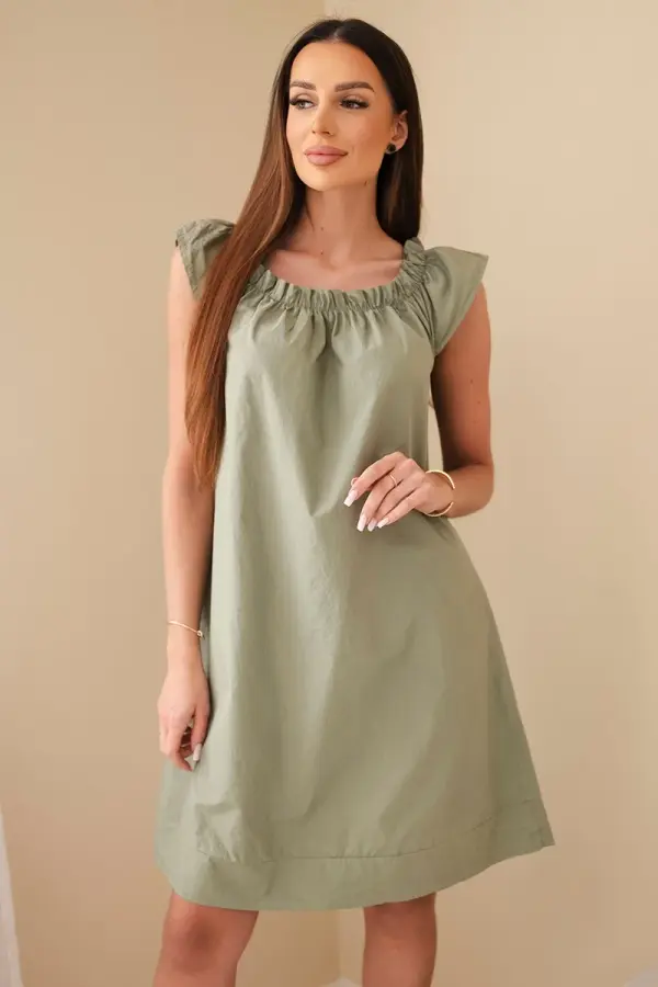 Kesi Włoski Ženska bombažna obleka z nabranim izrezom in volančki, kaki