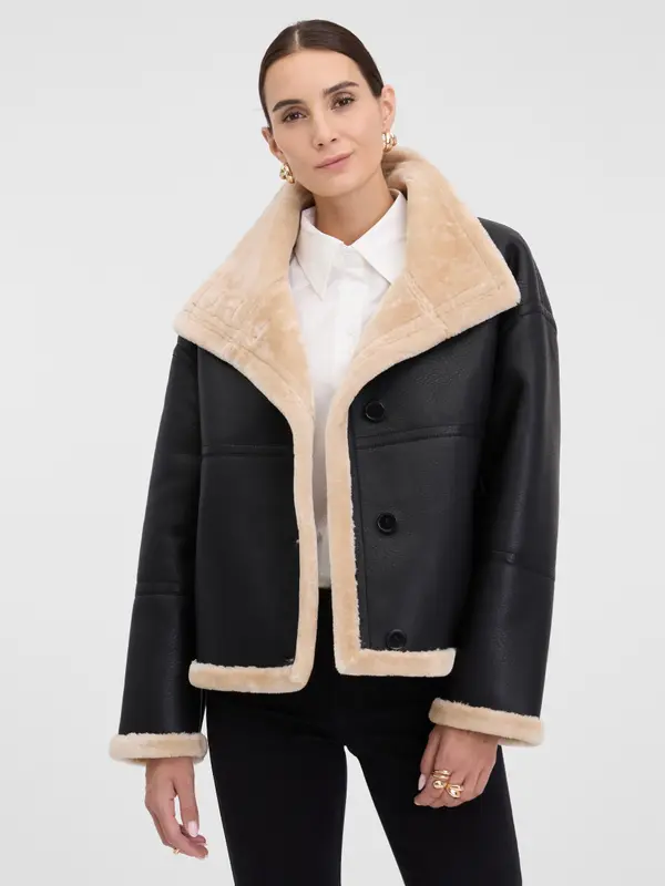 Orsay Ženska črna jakna iz umetnega usnja s krznom