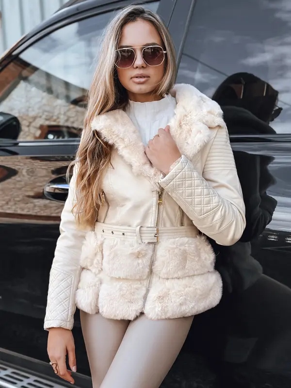 DStreet Ženska kremna usnjena jakna s krznom