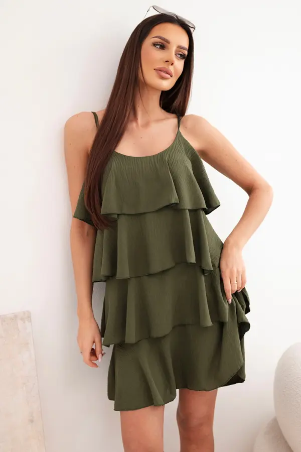 Kesi Włoski Ženska mini obleka Kesi z naramnicami in volančki v kaki barvi