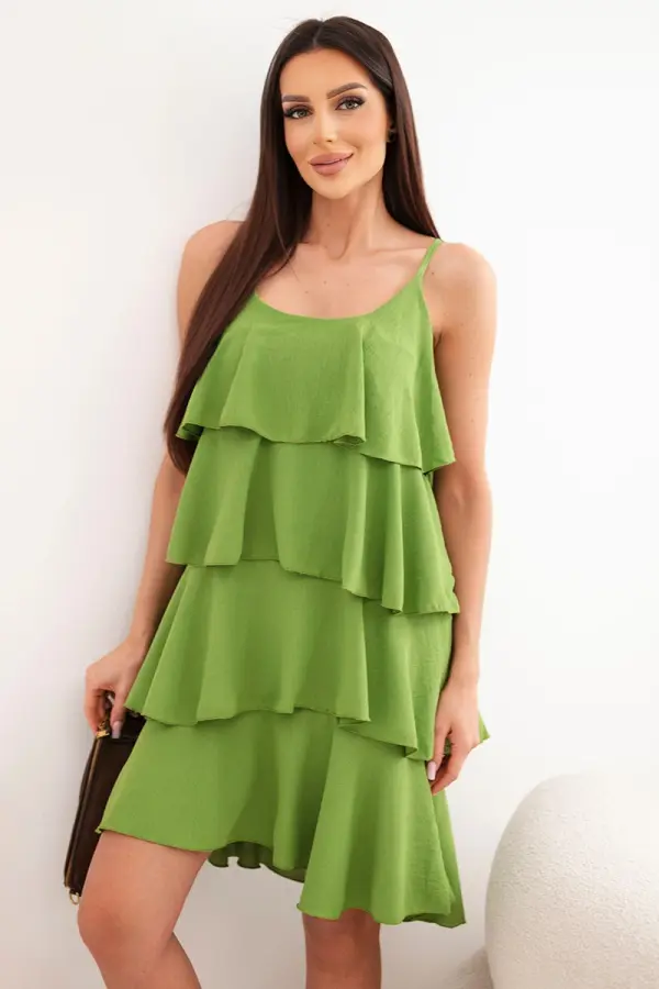 Kesi Włoski Ženska mini obleka z naramnicami in volančki olivne barve