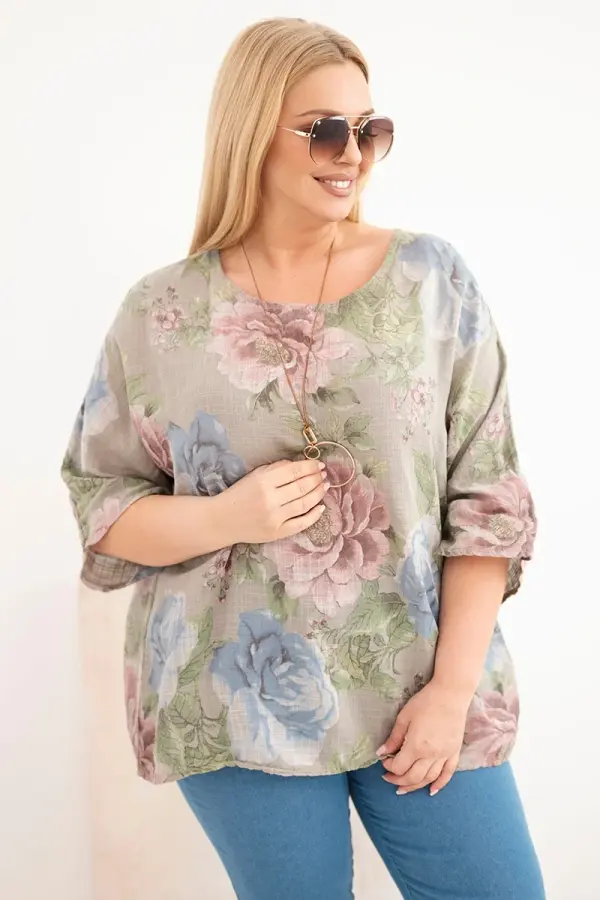 Kesi Włoski Ženska plus size Kesi bluza s kratkimi rokavi in ​​cvetličnim vzorcem