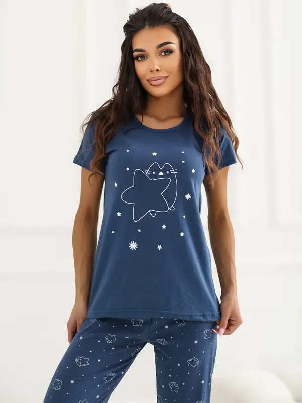 Forever Pink Ženska potiskana pižama - temno modra