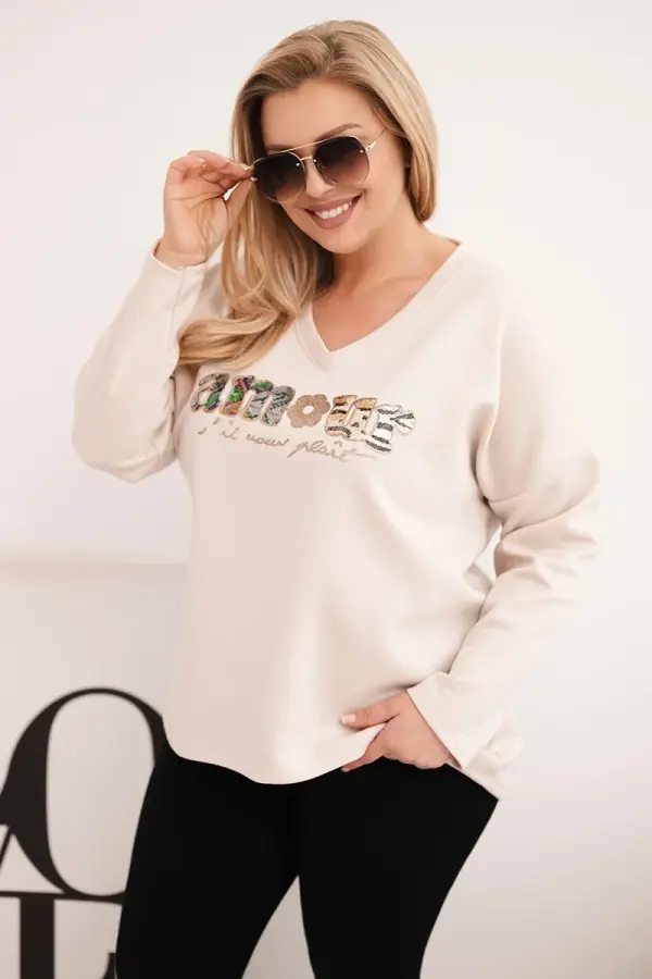 Kesi Włoski Ženska pulover velikosti Plus Size Kesi Włoski s potiskom in V-izrezom