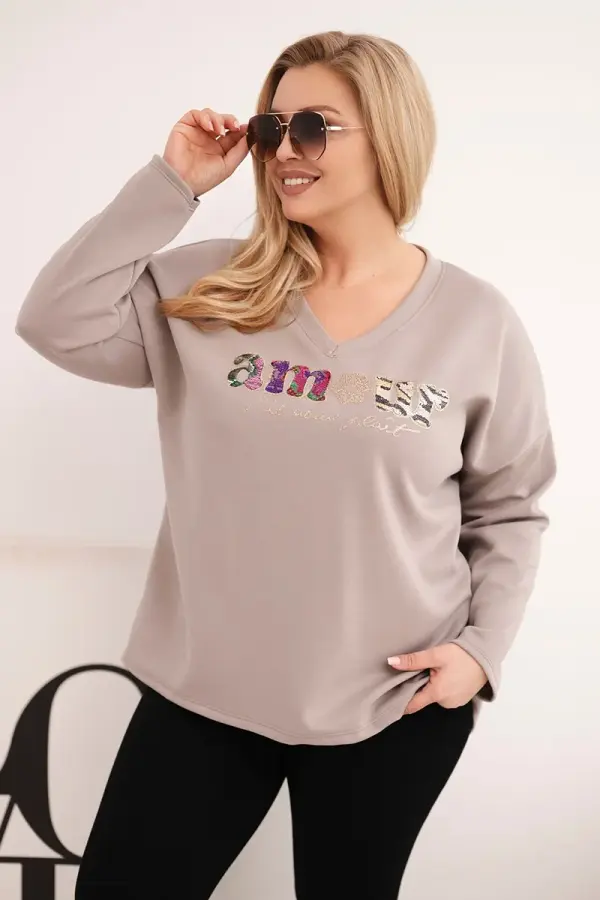 Kesi Włoski Ženska pulover z večjimi velikostmi in potiskom ter V-izrezom