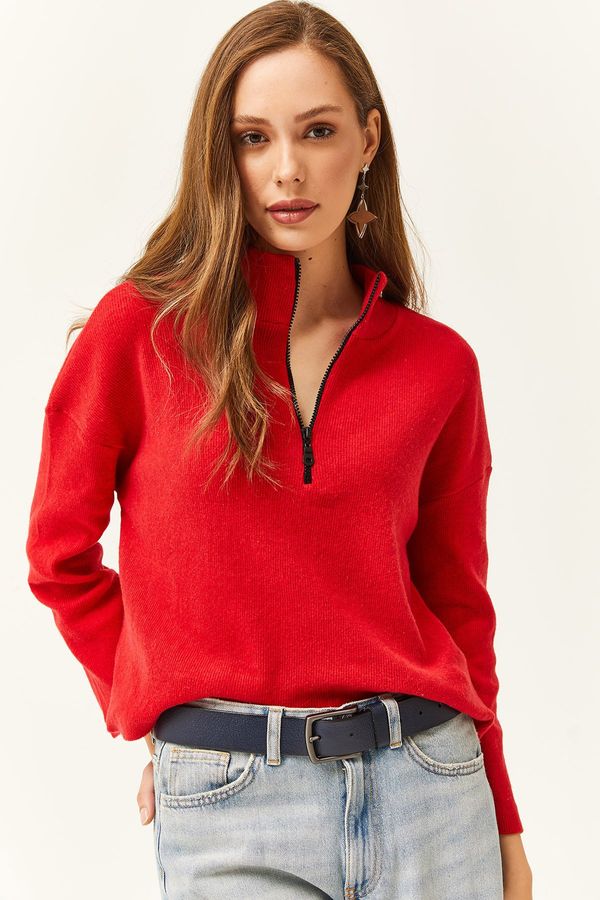Olalook Ženska rdeča zadrga Olalook dvignjen pulover z visokim vratom