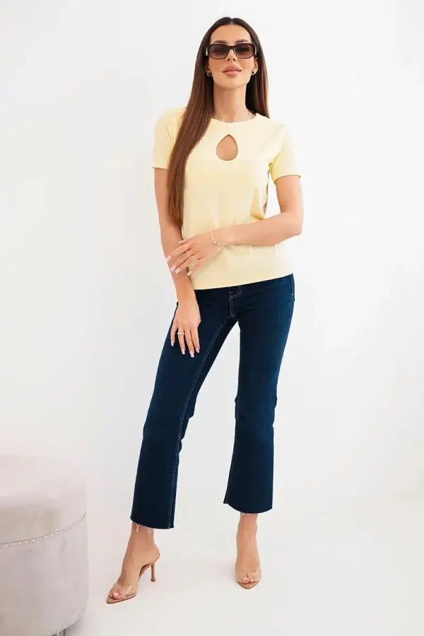 Kesi Włoski Ženska rebrasta bluza Kesi z okrasnim izrezom rumene barve