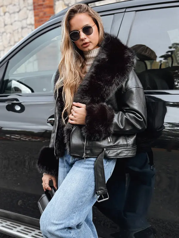 DStreet Ženska usnjena jakna s krznenim robom