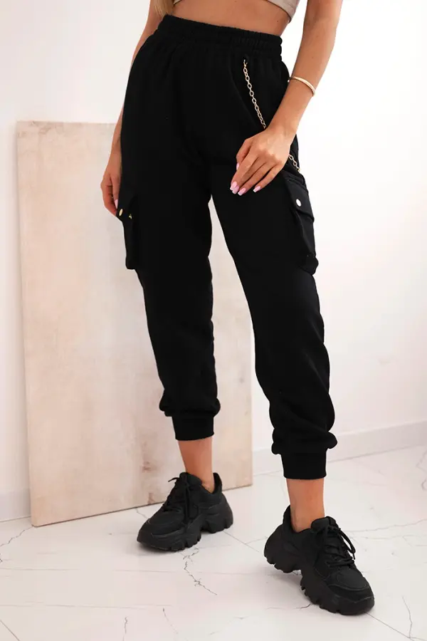 Kesi Ženske bombažne hlače širokega kroja z žepi in verižico