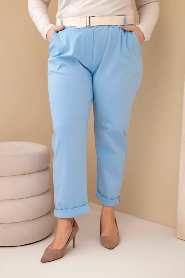 Kesi Włoski Ženske hlače Kesi Plus Size s pasom modre barve