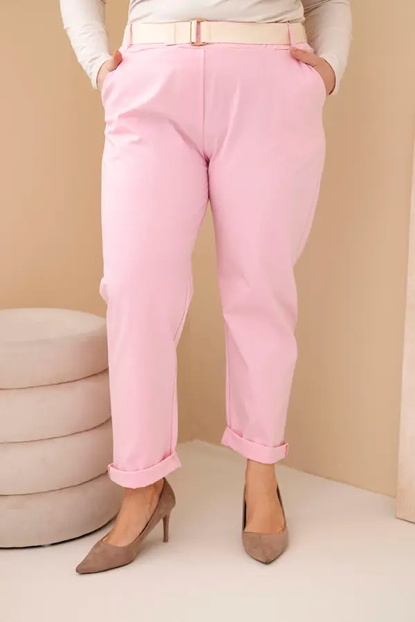 Kesi Włoski Ženske hlače Kesi Plus Size s pasom, svetlo roza