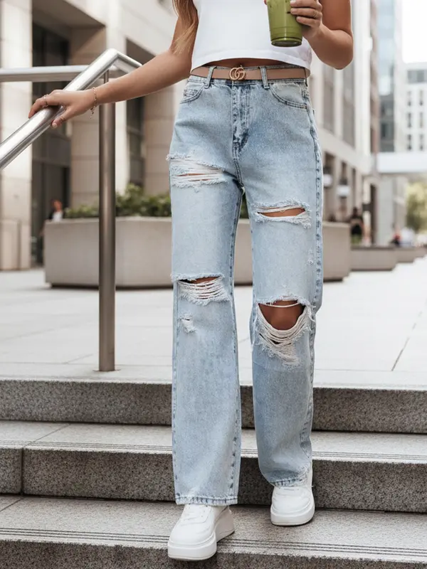 DStreet Ženske široke kavbojke z raztrganimi nogavicami