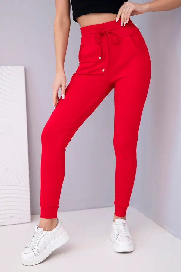 Kesi Ženske trenirke z visokim pasom in vezalkami, rdeče