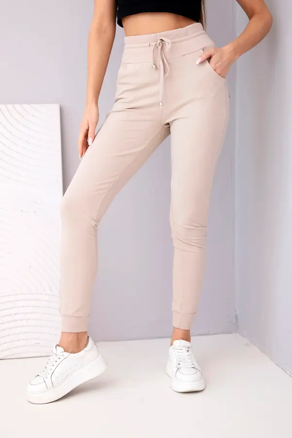 Kesi Ženske trenirke z visokim pasom in vrvico, bež barve