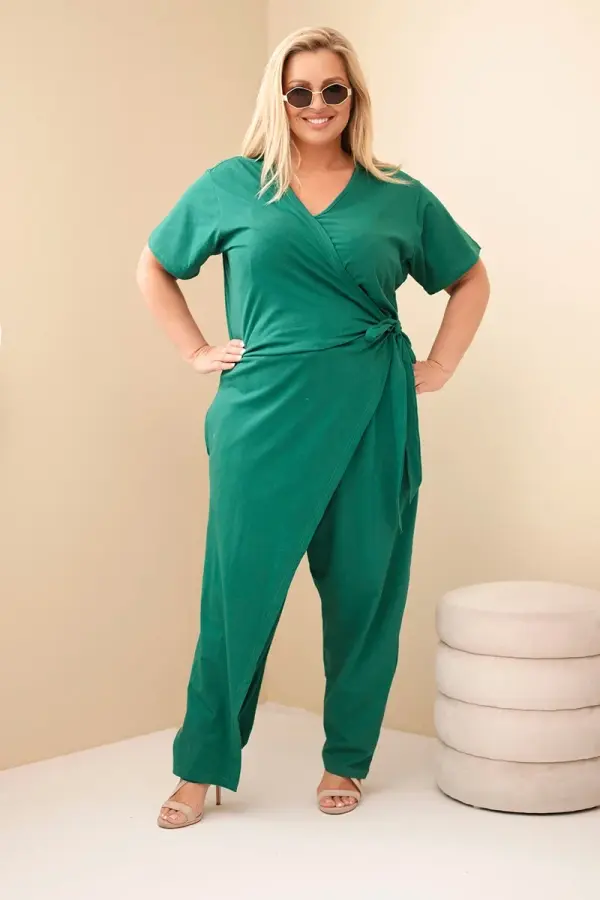 Kesi Ženski bombažni kombinezon Kesi Plus Size z zavezovanjem v pasu, zelene barve
