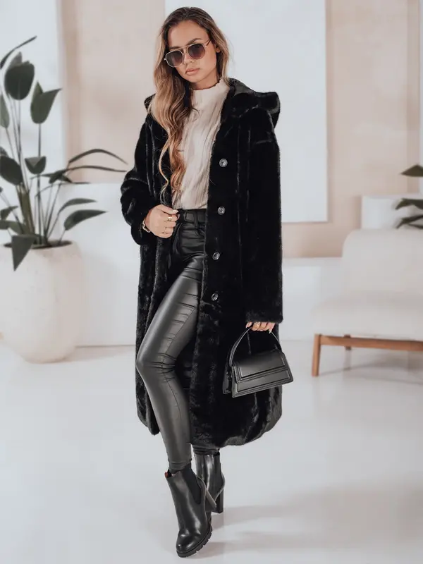 DStreet Ženski črni krzneni plašč HELLOCHIC