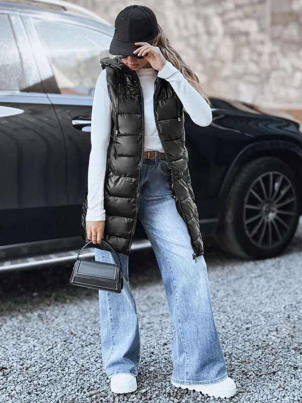 DStreet Ženski črni prešit brezrokavnik s kapuco