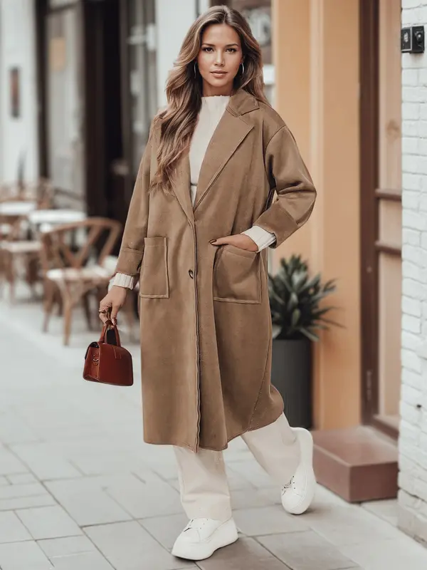 DStreet Ženski dolgi plašč AVELINNI v vzorcu ribje kosti, bež