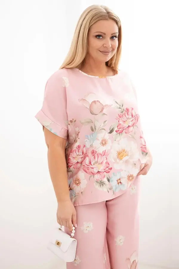 Kesi Włoski Ženski komplet Kesi Plus Size z bluzo in hlačami s cvetličnim vzorcem