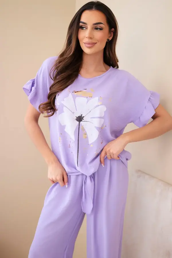 Kesi Włoski Ženski komplet Kesi s potiskanim zgornjim delom in hlačami, svetlo vijoličen