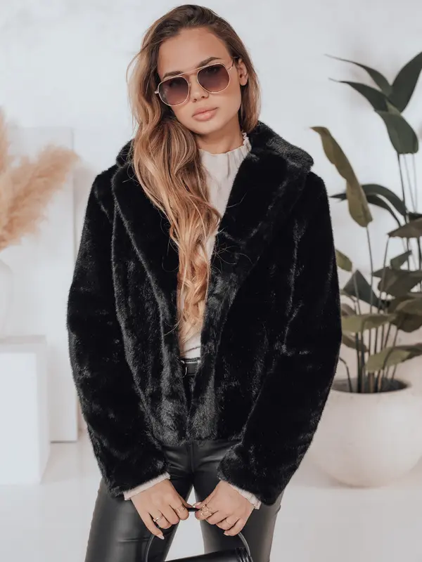 DStreet Ženski kratki črni krzneni plašč GLAMFLUFFY