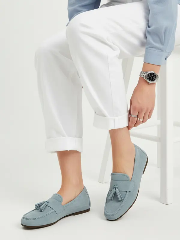 DStreet Ženski modri mokasini z okrasjem