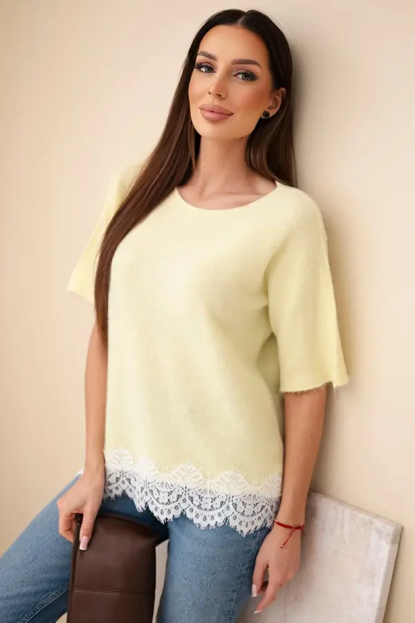 Kesi Włoski Ženski pulover s kratkimi rokavi in ​​čipko, rumene barve