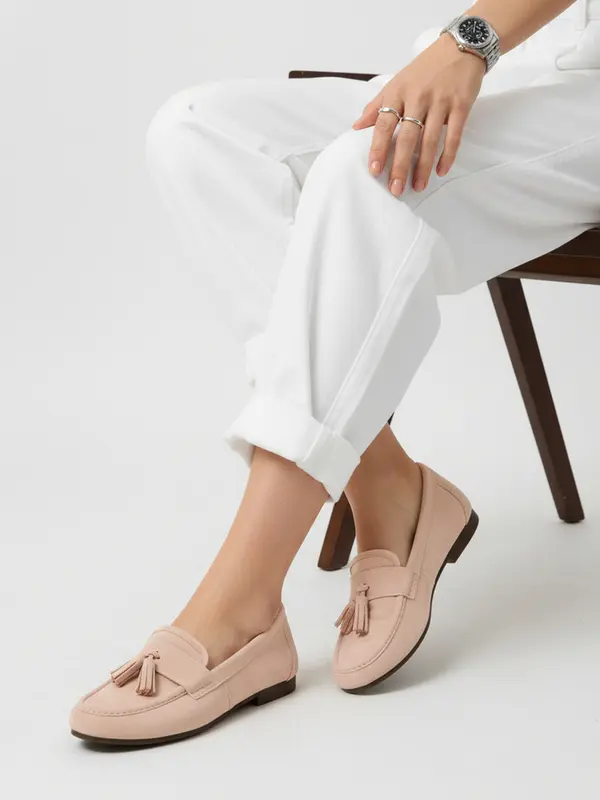 DStreet Ženski roza mokasini z okrasnimi resicami