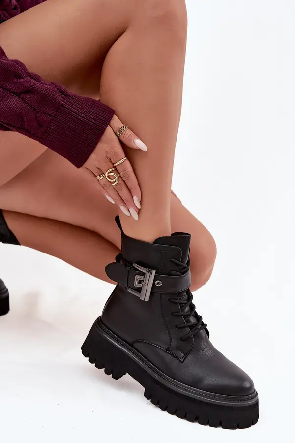 S. BARSKI Ženski usnjeni delovni škornji z okrasno zaponko